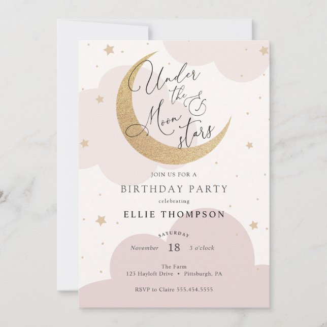Invitation Sous la lune et les étoiles Couche rose Anniversai (Devant)