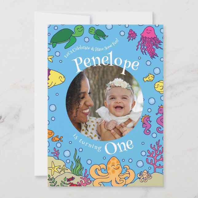Invitation Sous la mer Animaux mignons 1er anniversaire Photo (Devant)