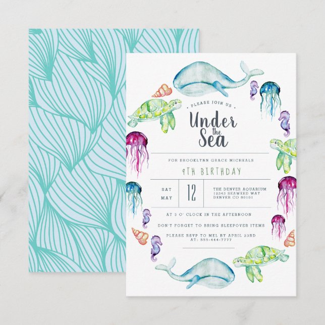 Invitation Sous la mer Anniversaire | Aquarelle de critère oc (Devant / Derrière)