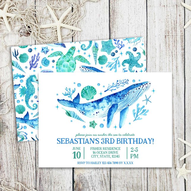 Invitation Sous la mer Aquarelle Baleine bleue 3e anniversair (Under The Sea Watercolor Blue Whale 3rd Birthday Invitation)