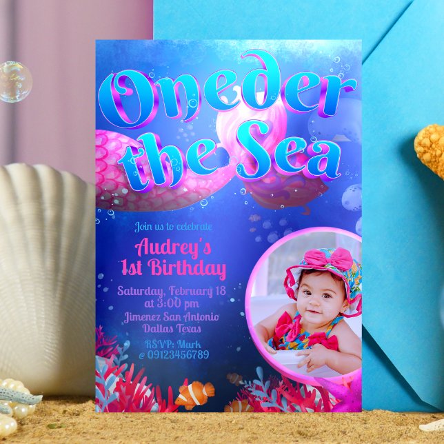 Invitation Sous la mer avec photo (Oneder the Sea - Girl Mermaid 1st Birthday Invitation with Picture)