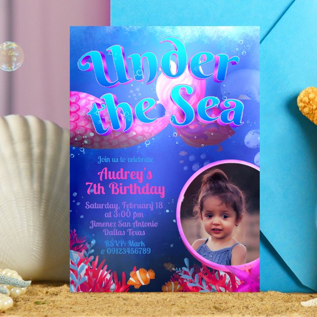 Invitation Sous la mer avec photo (Under the Sea - Mermaid Girl  Invitation with Photo)