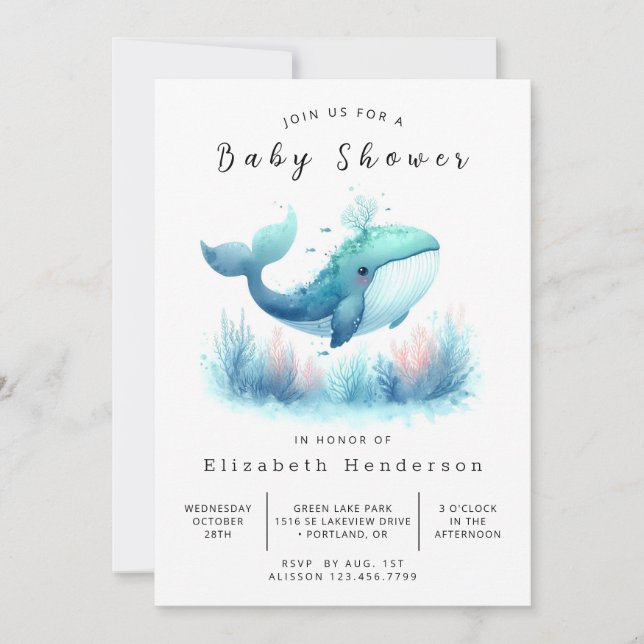 Invitation Sous la mer Baby shower de baleines imprimable (Devant)