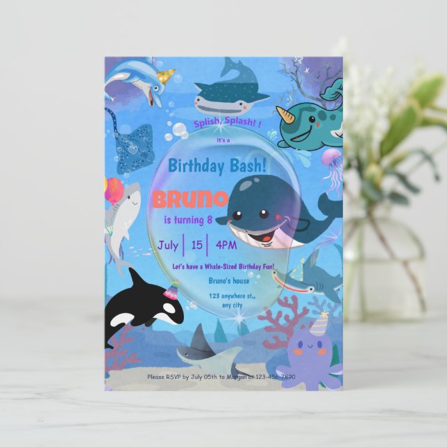 Invitation Sous la mer baleine requins méduse (Debout devant)