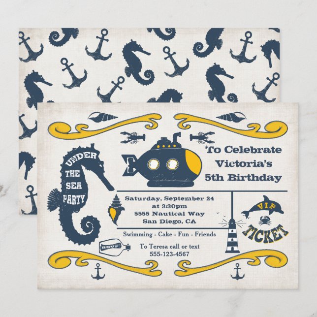 Invitation Sous la mer Billet Nautique fête d'anniversaire (Devant / Derrière)