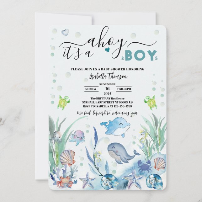 Invitation sous la mer c'est un baby shower garçon (Devant)