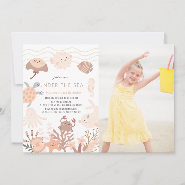 Invitation Sous la mer Créatures Fille rose Anniversaire (Devant)