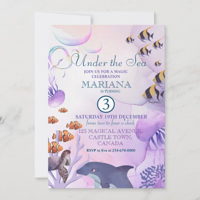 Invitation Sous la mer Dolphin Poisson pourpre 3e anniversair (Devant)