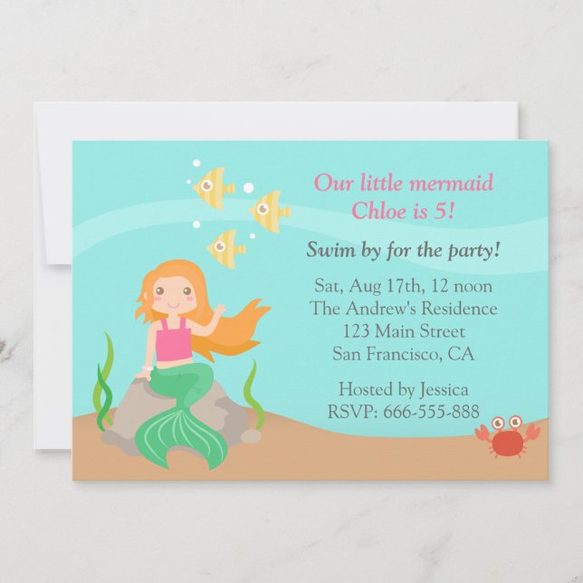 Invitation Sous la mer, fête d'anniversaire mignonne de fille (Devant)