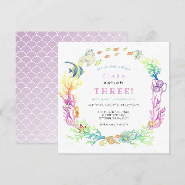 Invitation Sous la mer fille anniversaire (Devant / Derrière)