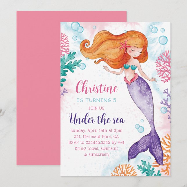 Invitation Sous la mer Fille Sirène Fête d'anniversaire (Devant / Derrière)