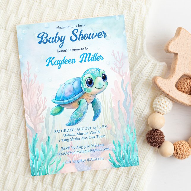 Invitation Sous la mer jolie tortue aqua bleu baby shower (Under the sea cute turtle aqua blue baby shower invitation editable template instant download)