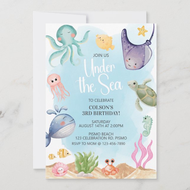 Invitation Sous la mer, les animaux marins, les créatures mar (Devant)