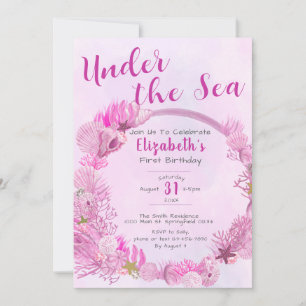 Invitation Sous la mer mignonne rose fille 1er anniversaire f