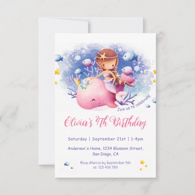 Invitation Sous la mer, mignonne Sirène Anniversaire (Devant)
