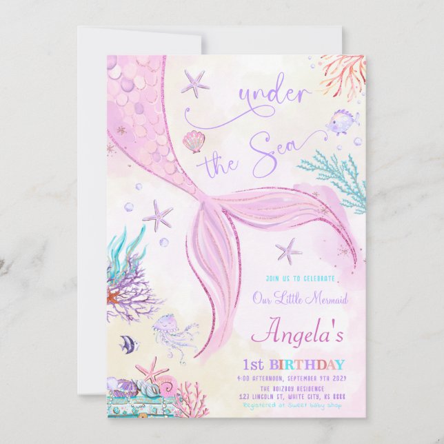 Invitation Sous la mer Notre Petite Sirène Anniversaire (Devant)