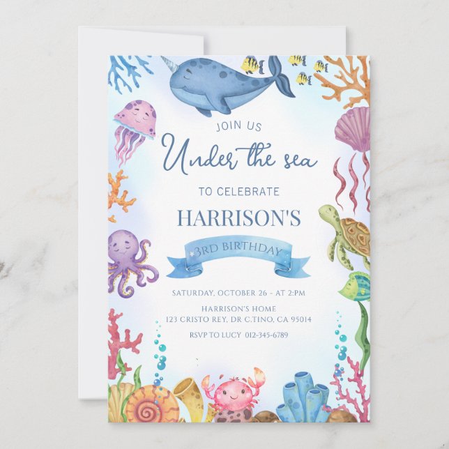 Invitation Sous la mer Océan Animaux Garçon Anniversaire (Devant)