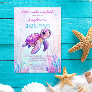 Invitation Sous la mer petite tortue rose violet anniversaire
