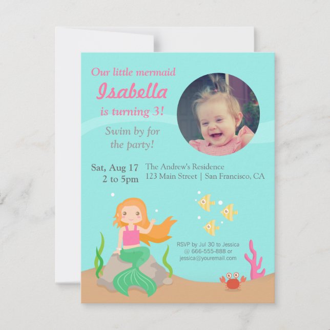 Invitation Sous la mer, photo de fête d'anniversaire de fille (Devant)