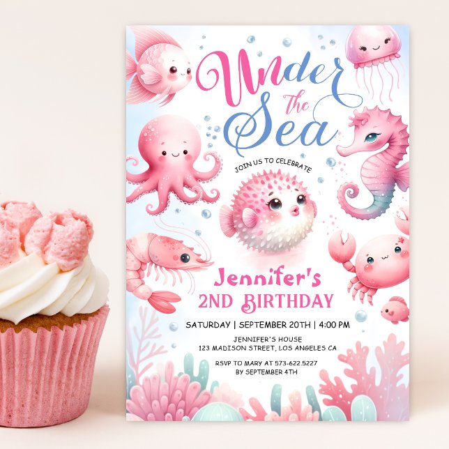 Invitation Sous La Mer ! Pink Cute Ocean Girl 2e anniversaire (Créateur téléchargé)