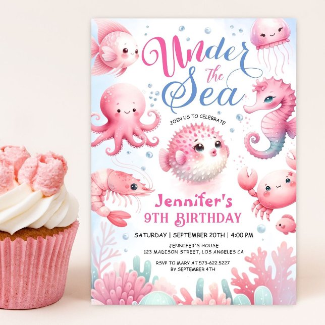 Invitation Sous La Mer ! Pink Cute Ocean Girl 9e anniversaire (Créateur téléchargé)