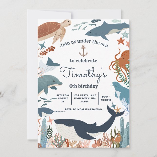 Invitation Sous la mer requin-baleine Tortue Narwhal Annivers (Devant)
