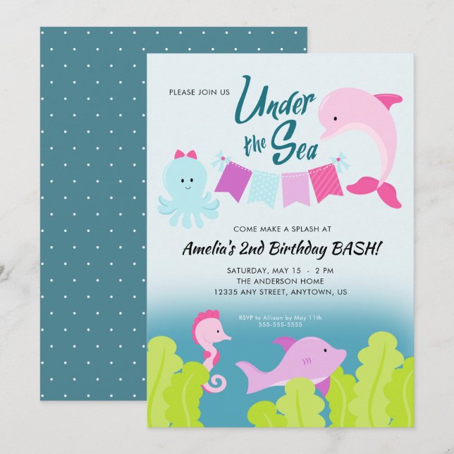 Invitation Sous la mer rose Dauphin Fête d'anniversaire de la (Devant / Derrière)