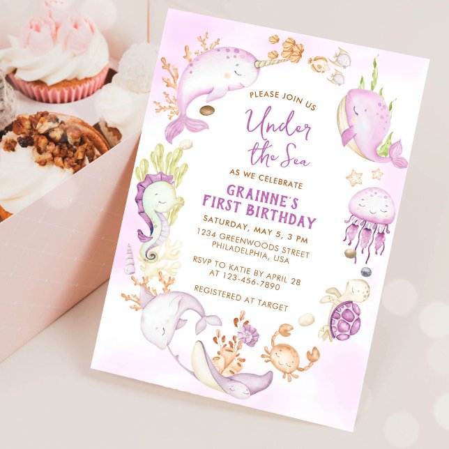 Invitation Sous la mer rose Fille premier anniversaire (Créateur téléchargé)