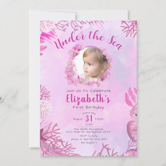 Invitation Sous la mer rose photo fille 1er anniversaire fête (Devant)