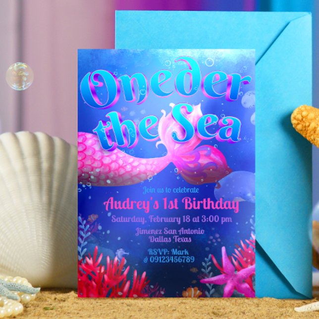 Invitation Sous la mer - Sirène (Oneder the Sea - Girl Mermaid 1st Birthday Invitation )