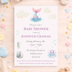 Invitation Sous la mer, Sirène, Baby shower des Créatures océ