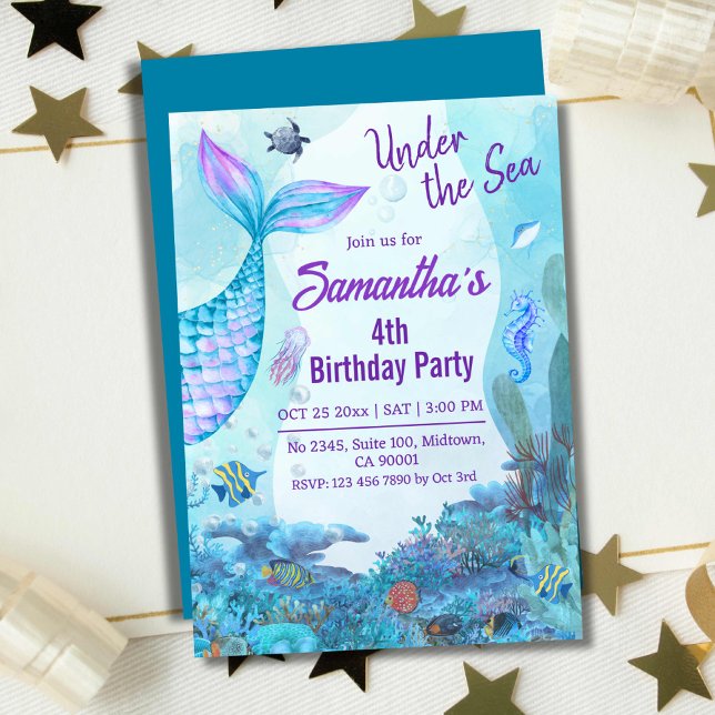 Invitation Sous la mer sirène bleu & violet 4e anniversaire (Créateur téléchargé)