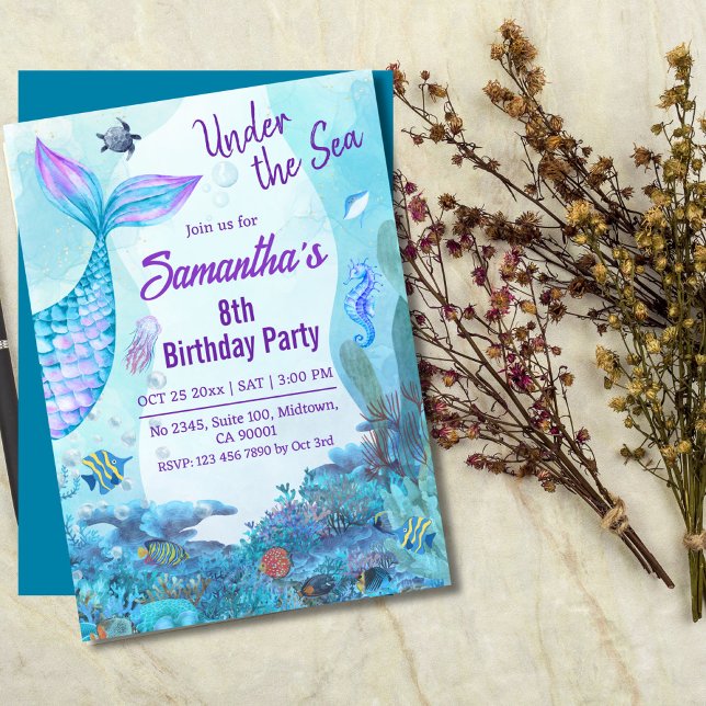Invitation Sous la mer sirène bleu & violet 8e anniversaire (Créateur téléchargé)