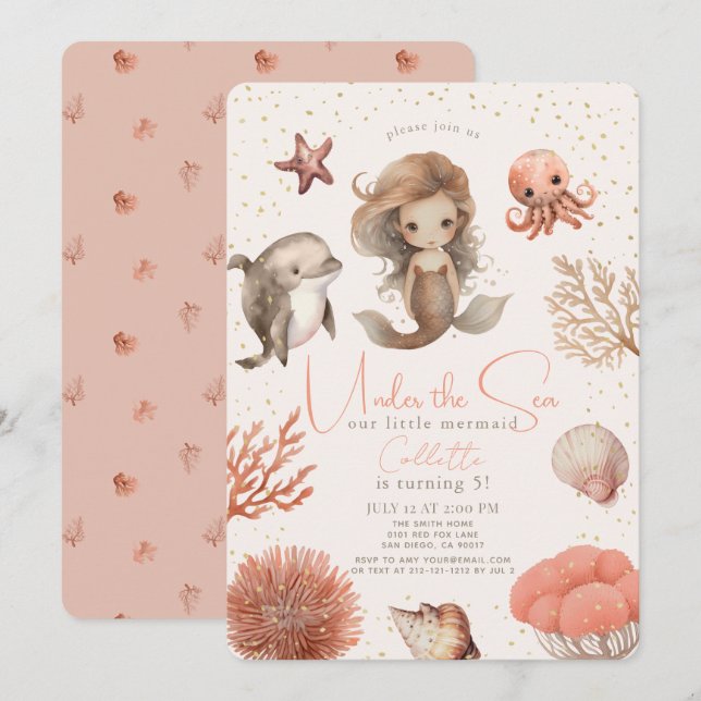 Invitation Sous la mer Sirène de mer Aquarelle rose Anniversa (Devant / Derrière)