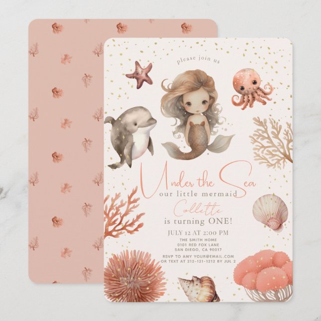 Invitation Sous la mer Sirène mer rose fille 1er anniversaire (Devant / Derrière)