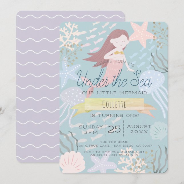 Invitation Sous la mer Sirène Mer Vert 1er anniversaire (Devant / Derrière)