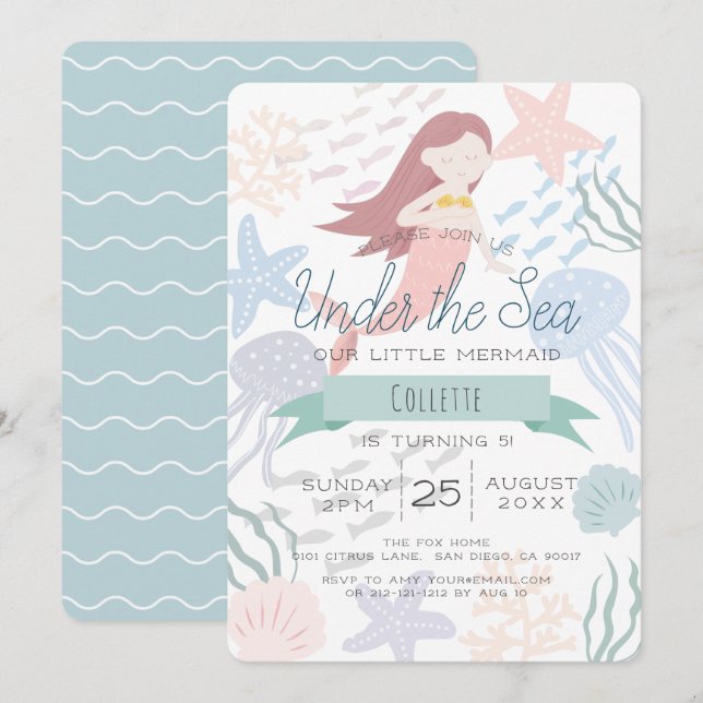 Invitation Sous la mer Sirène mer Vert Anniversaire (Devant / Derrière)