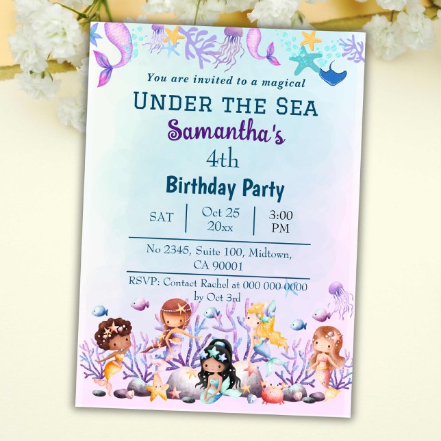 Invitation Sous la mer sirène mignonne enfants bleu 4ème anni (Créateur téléchargé)
