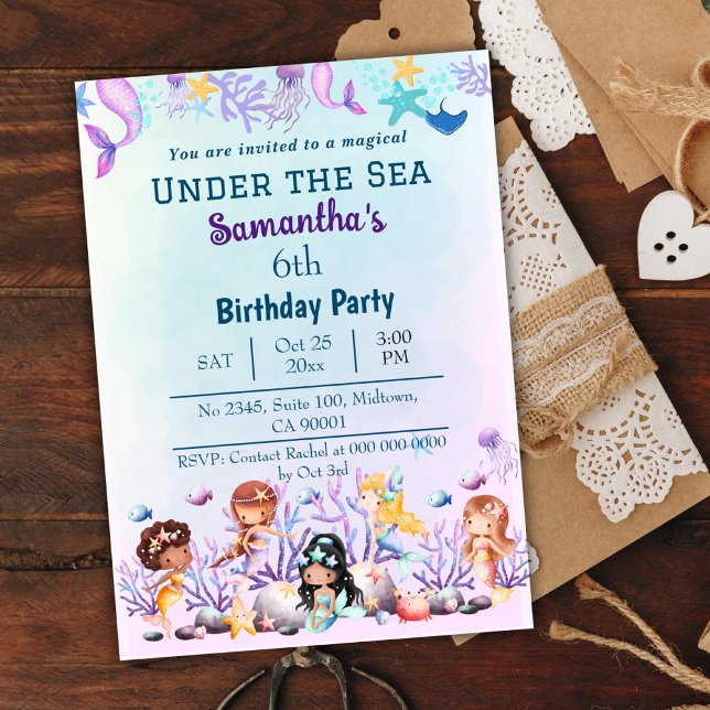 Invitation Sous la mer sirène mignonne enfants bleu 6e annive (Créateur téléchargé)