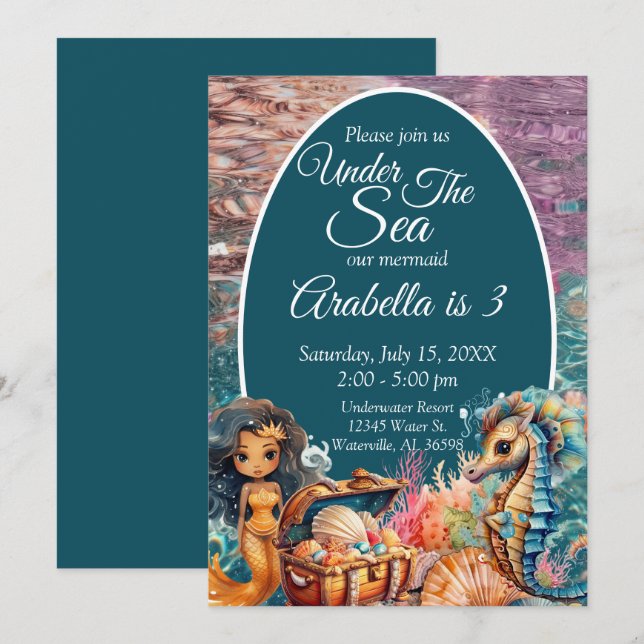 Invitation Sous la mer Sirène Noire Anniversaire (Devant / Derrière)