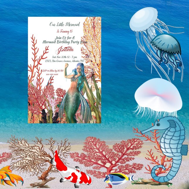 Invitation Sous la mer Sirène Tropical Coral Reef Anniversair (Under The Sea Mermaid Tropical Coral Reef Birthday Invitation)