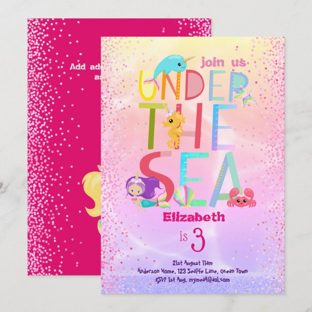Invitation Sous La Mer Sirène Unicorn Rose Parties scintillan (Devant / Derrière)