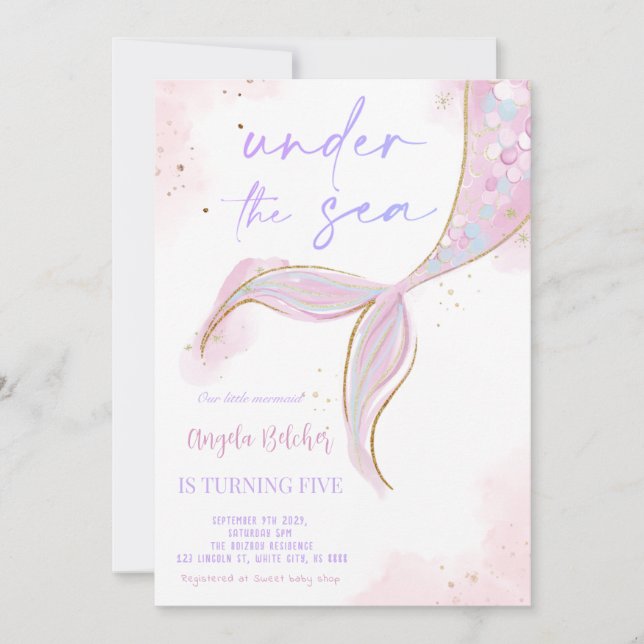 Invitation Sous la mer sirène violet Turquoise Premier annive (Devant)