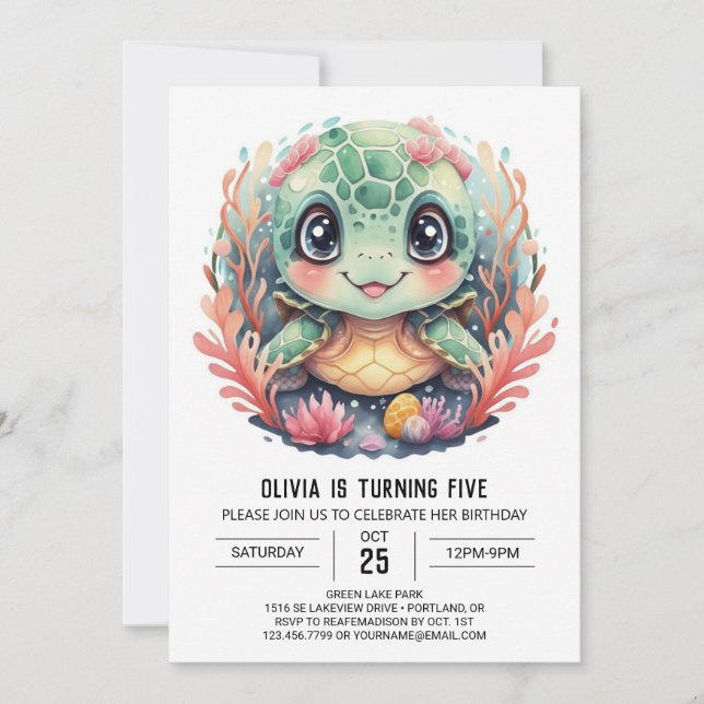 Invitation Sous la mer Turtle Girl Anniversaire (Devant)