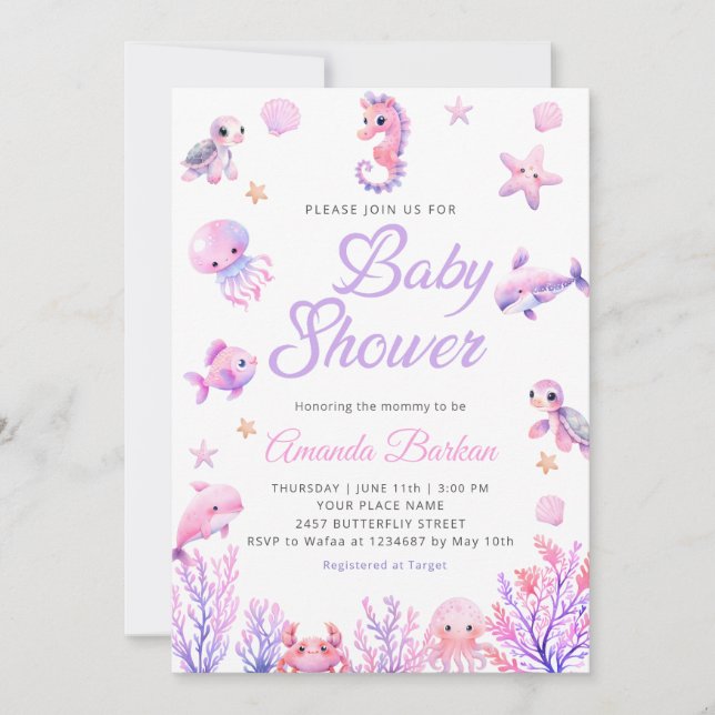 Invitation Sous la mer violet mignon Baby shower (Devant)