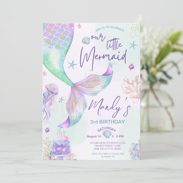 Invitation Sous la mer violet Turquoise Petite Sirène Anniver (Debout devant)
