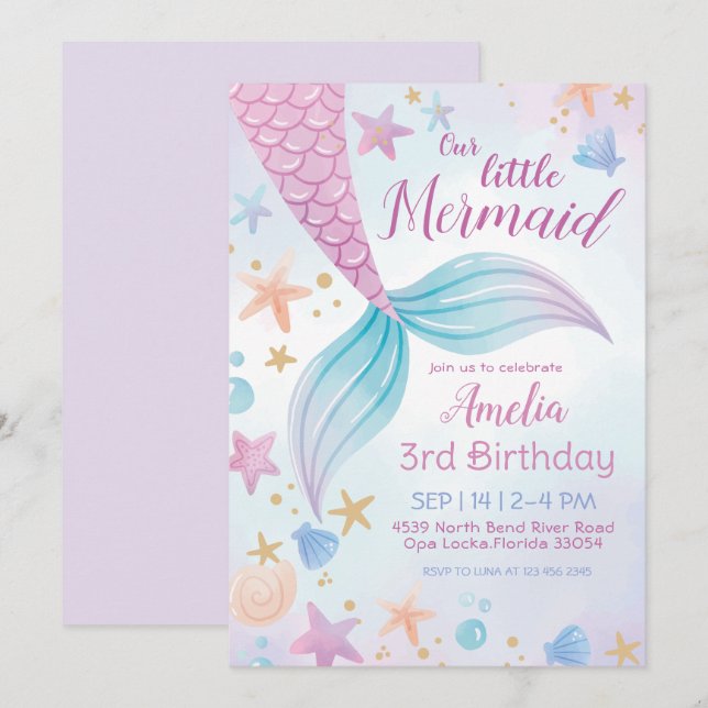 Invitation Sous la mer violet Turquoise Petite Sirène Anniver (Devant / Derrière)