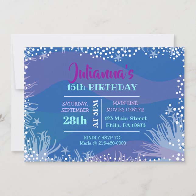 Invitation SOUS LA Piscine Océanique MARINE Anniversaire (Devant)