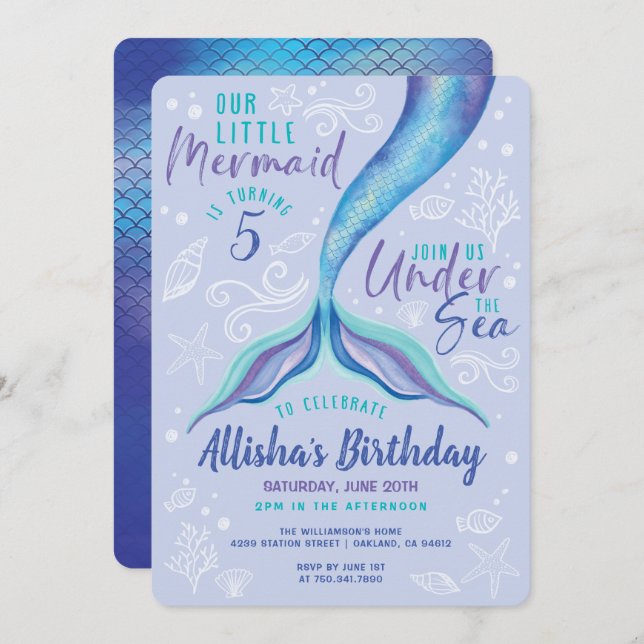 Invitation Sous la sirène d'eau couleur bleu océanique (Devant / Derrière)