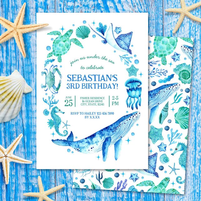 Invitation Sous l'aquarelle de la mer Créatures de la mer Ble (Under the Sea Watercolor Sea Creatures Blue Invitation)